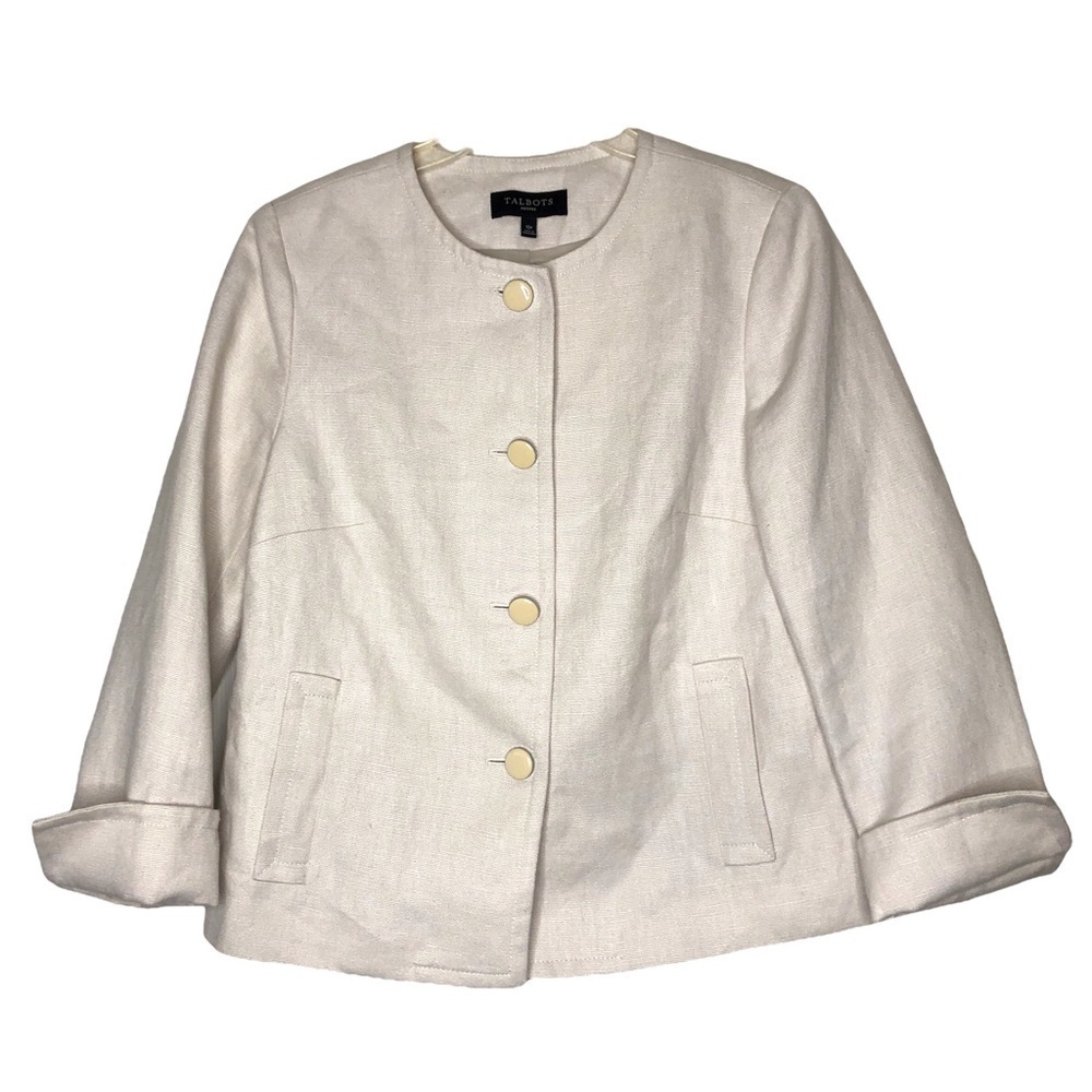 New - TALBOTS 100% Linen Winter White Button-Up Round Neck Blazer - Size 10P